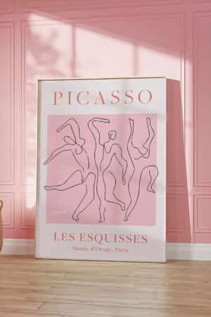 Kağıt Poster Duvar Dekorasyonu Kalın Kuşe Dekoratif - Picasso Eskizler Dans Kedi Pembe