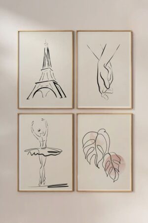 Poster Minimalist Duvar Dekorasyon Balerin Eiffel Yaprak Kuşe Kalın 4 Adet