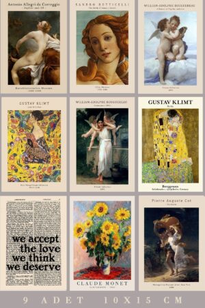 Klimt Botticelli William Adolphe Correggio Ünlü Tablolar Poster Seti 9 Adet 10x15 cm