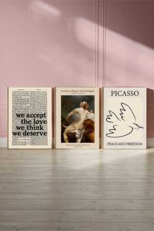 Kağıt Poster 3'lü Duvar Dekorasyonu Kalın Kuşe Dekoratif Picasso - Correggio - Love -