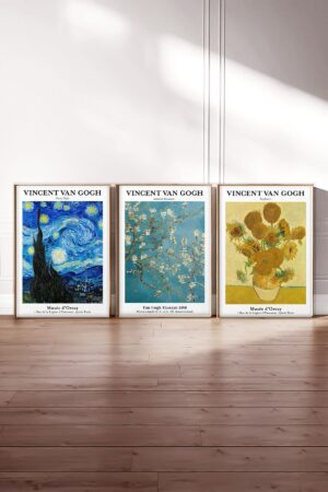 Kağıt Poster 3'lü Duvar Dekorasyonu Kalın Kuşe Dekoratif Vincent Van Gogh Yıldızlı Gece