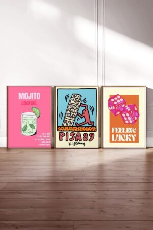 Kağıt Poster 3'lü Kalın Kuşe Dekoratif Mojito Pisa Kulesi Şans Zarları Keith Haring