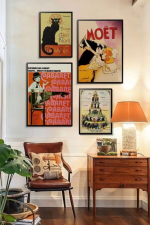 Kağıt Poster 4 Adet Vintage Mucha Black Noir Cat Kuşe Kağıt Poster
