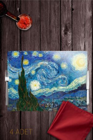 4 Adet Pvc Kaplamalı Silinebilir Amerikan Servis - Yıldızlı Gece - Vincent Van Gogh