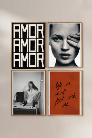 Poster - Amor Amor Kate Moss Portresi - Siyah Beyaz Moda Posteri 4 Adet