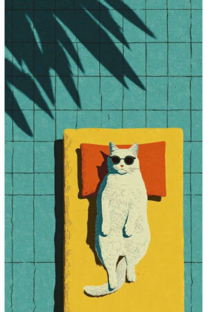 Poster - Cat in Yellow Frame - Vintage Retro Cat Illustration
