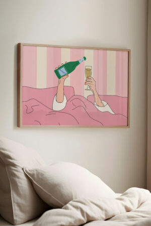 Poster - Pembe Yatak Odası Şampanya Kızlar - Romantik İllüstrasyon Posteri