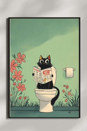 Poster - Kedi ve Çiçekli Kitap - Yeşil Tonlu Eğlenceli Posteri