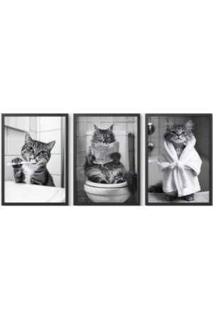 Kağıt Poster - 3'lü Kedi Posteri Cat Kedzilla Kedi İllüstrasyonu