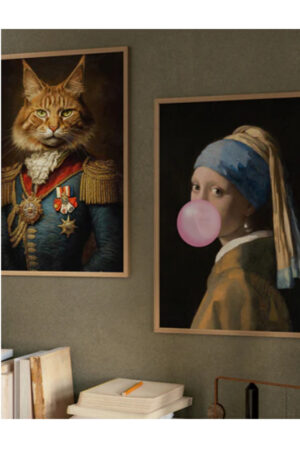 Kağıt Poster - 2'li Kedi Posteri Cat Kedzilla İnci Küpeli Kız