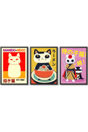 Kağıt Poster - 3'lü Kedi Posteri Cat Kedzilla Kedi İllüstrasyonu