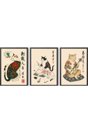 Kağıt Poster - 3'lü Kedi Posteri Cat Kedzilla Kedi İllüstrasyonu