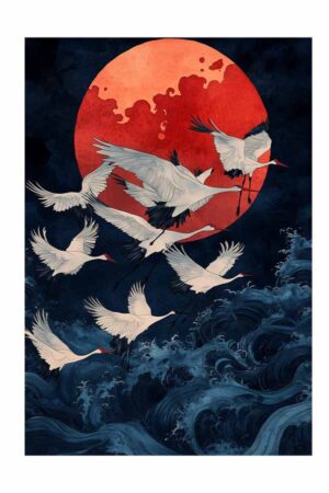 Poster Kırmızı Ay ve Kuşlar Japon Esintili Sanat