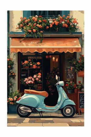 Poster Vespa Roma Çiçekli Sokak Cephe Fotoğraf Sanat Baskı